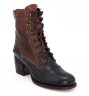 A women's brown and black Judgement boot with laces by Bed Stu.