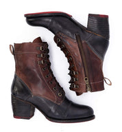 A pair of Bed Stu Judgement women's brown and black leather boots.