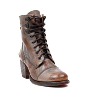 A women's brown leather boot with laces called Judgement by Bed Stu.