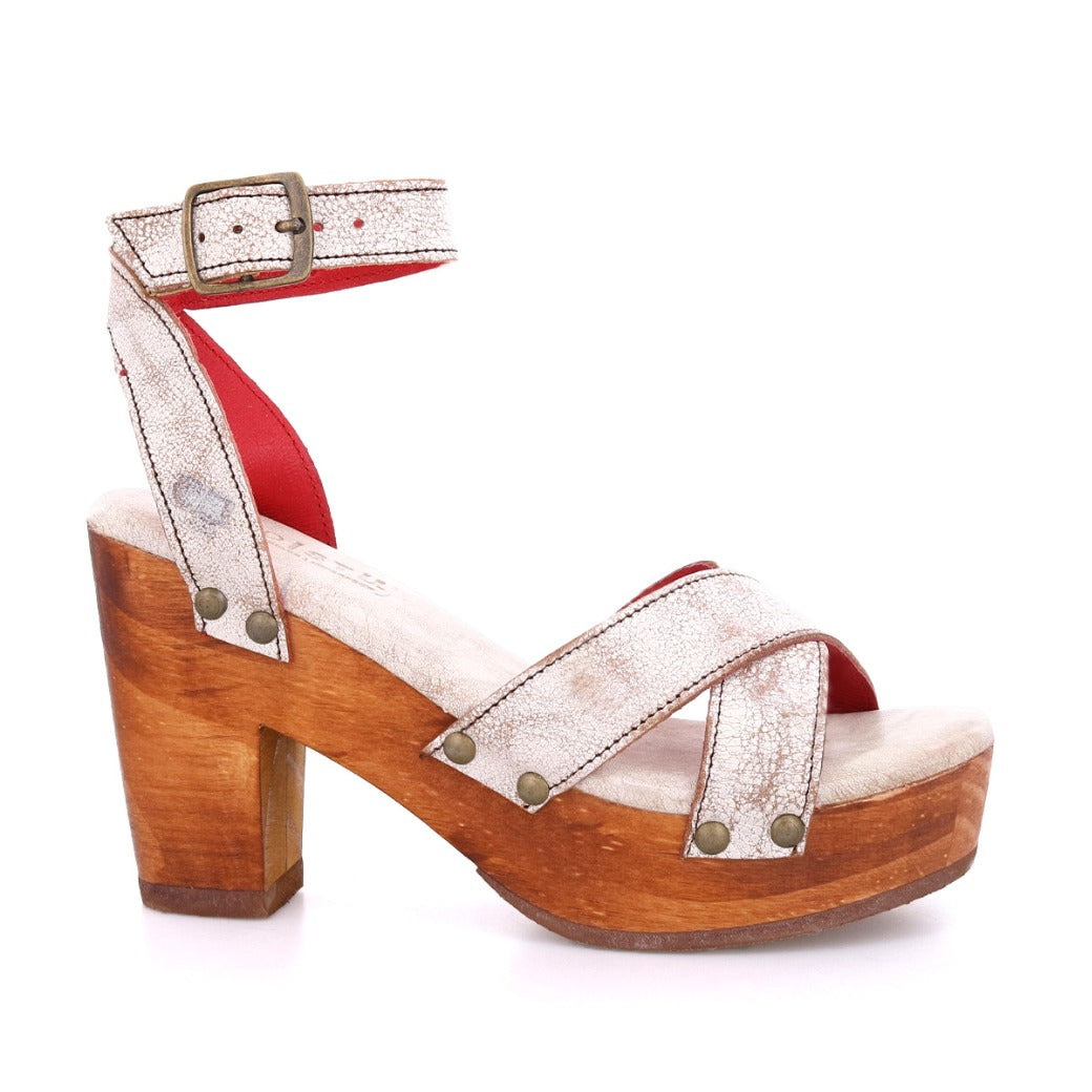 A women's white platform sandal with red straps called Kalah by Bed Stu.