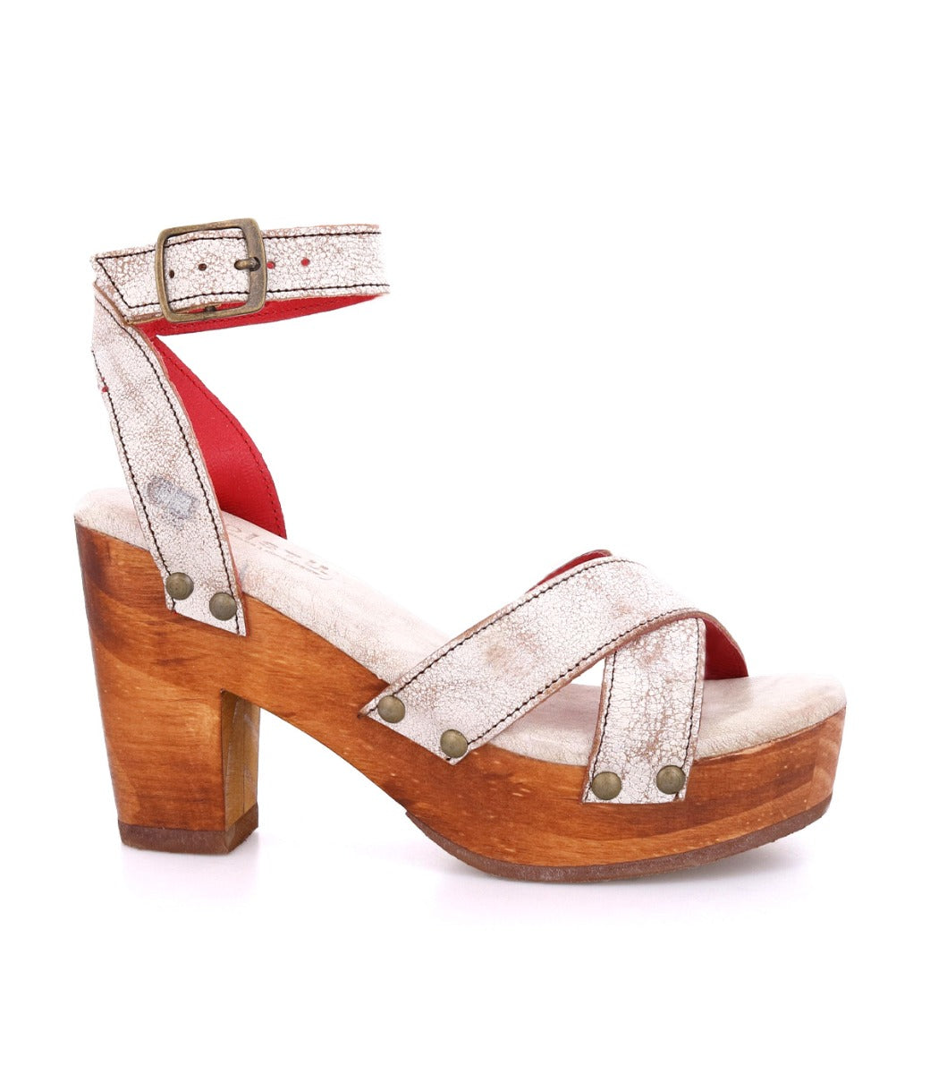 A women's white platform sandal with red straps called Kalah by Bed Stu.