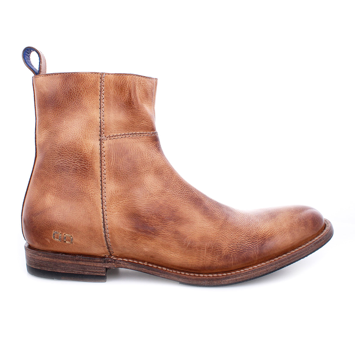 A comfortable tan leather ankle boot with a loop on the back, displayed on a white background.