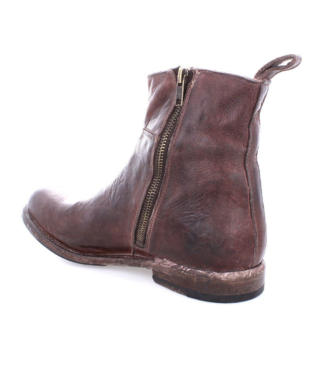 A brown leather Bed Stu Kaldi ankle boot with a zipper on the side.