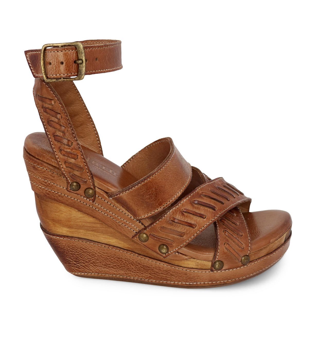 A women's tan Kaphie wedge sandal with straps and buckles by Bed Stu.