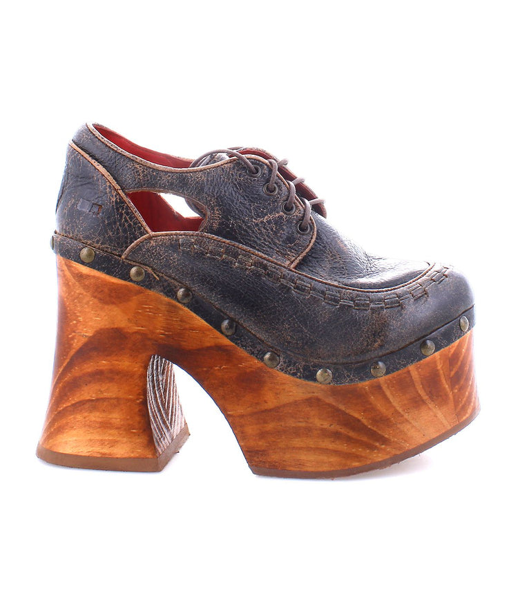 Platform Shoe, Karaoke, Womens Size 8.5, Vegetable Tan, Leather Wood, Cutout Lace-Up Stud Details Platform, Cushioned Handmade, Sustainable, Bed Stu
