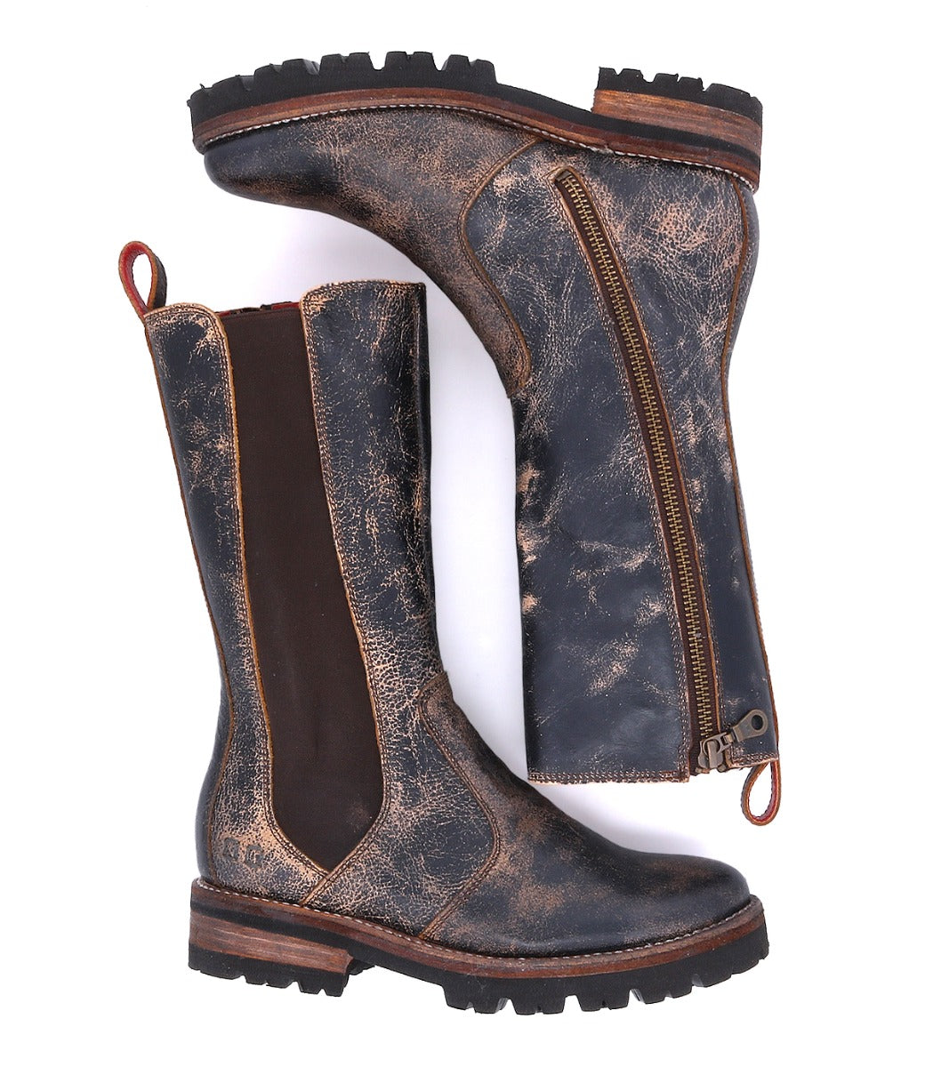 A pair of Kataleya brown leather boots with a zipper on the side by Bed Stu.