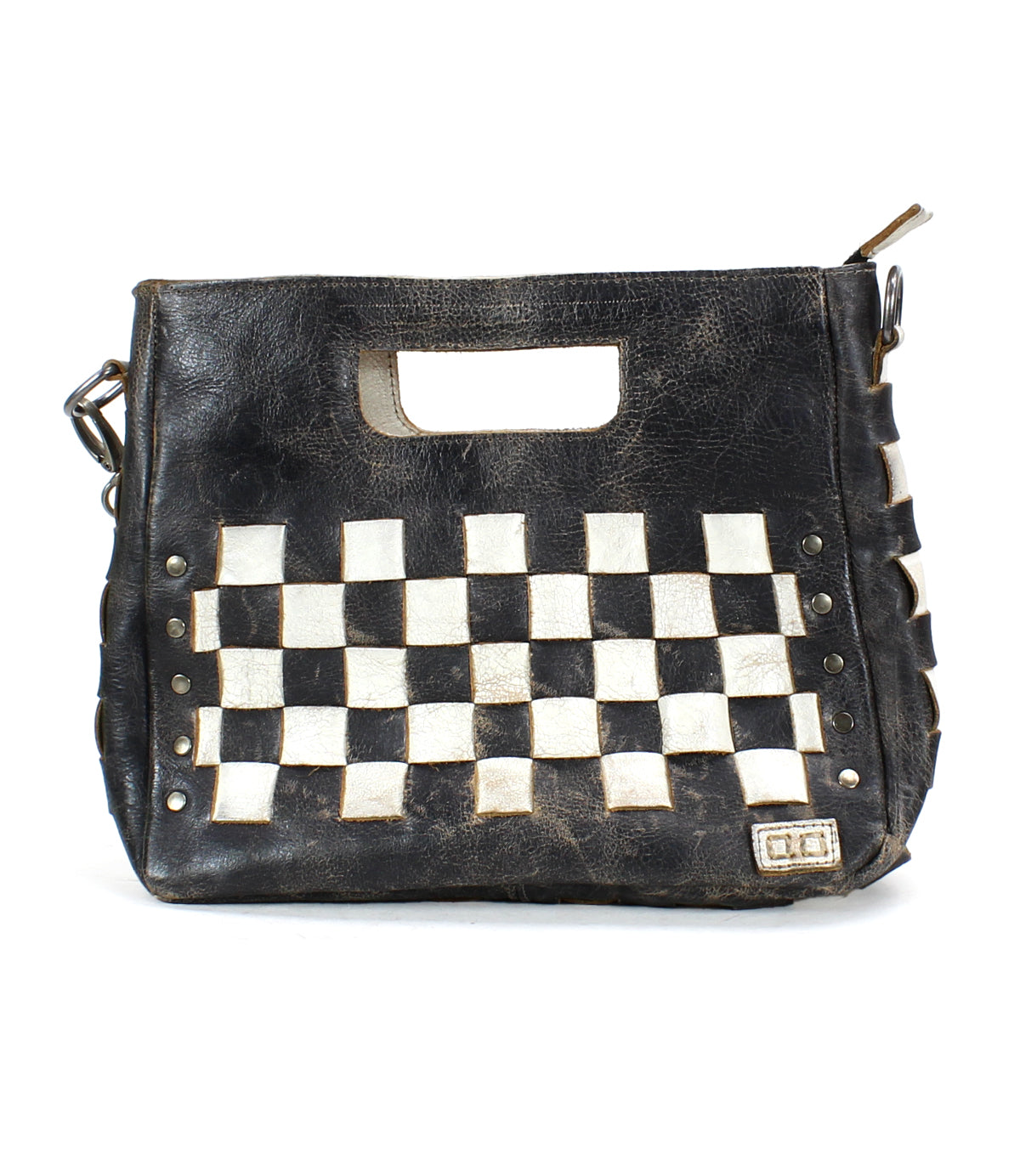 A black and white checkered Keiki crossbody bag with woven panels by Bed Stu.