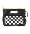 A black and white purse with a checkered pattern, perfect for a Bed Stu Keiki on-the-go.