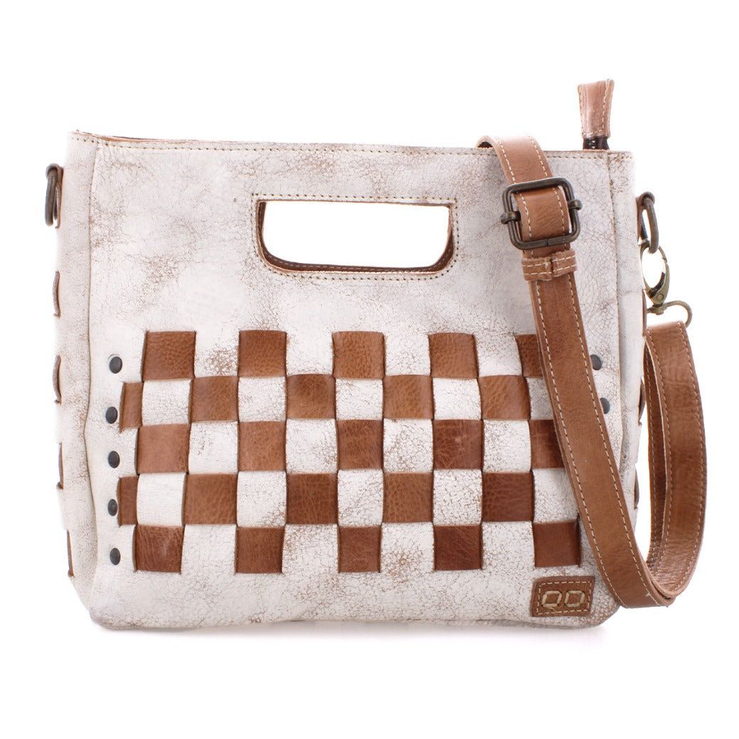 A white and tan Bed Stu Keiki bag with a checkered pattern.