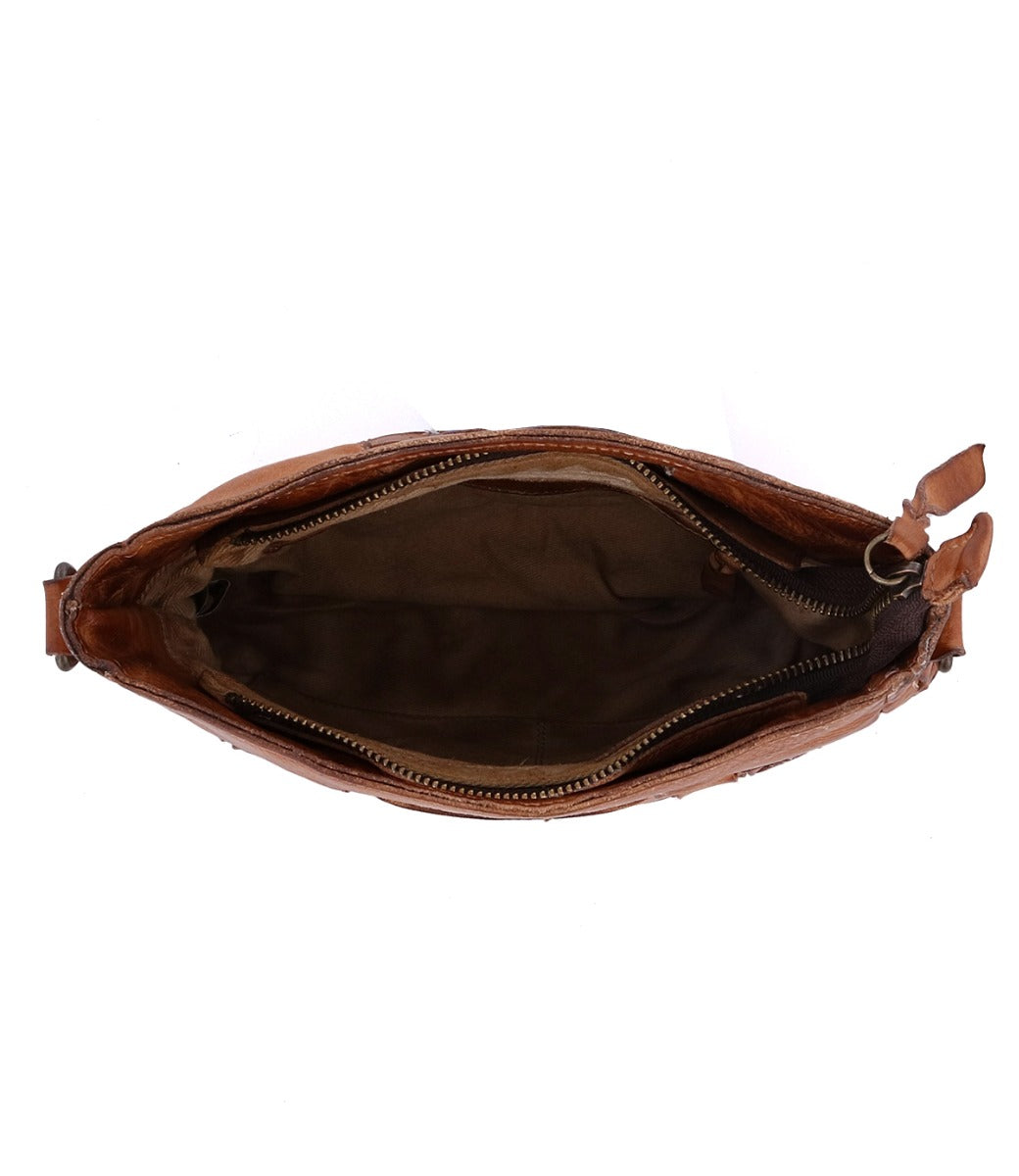 The inside of a Bed Stu Keiki brown leather bag.