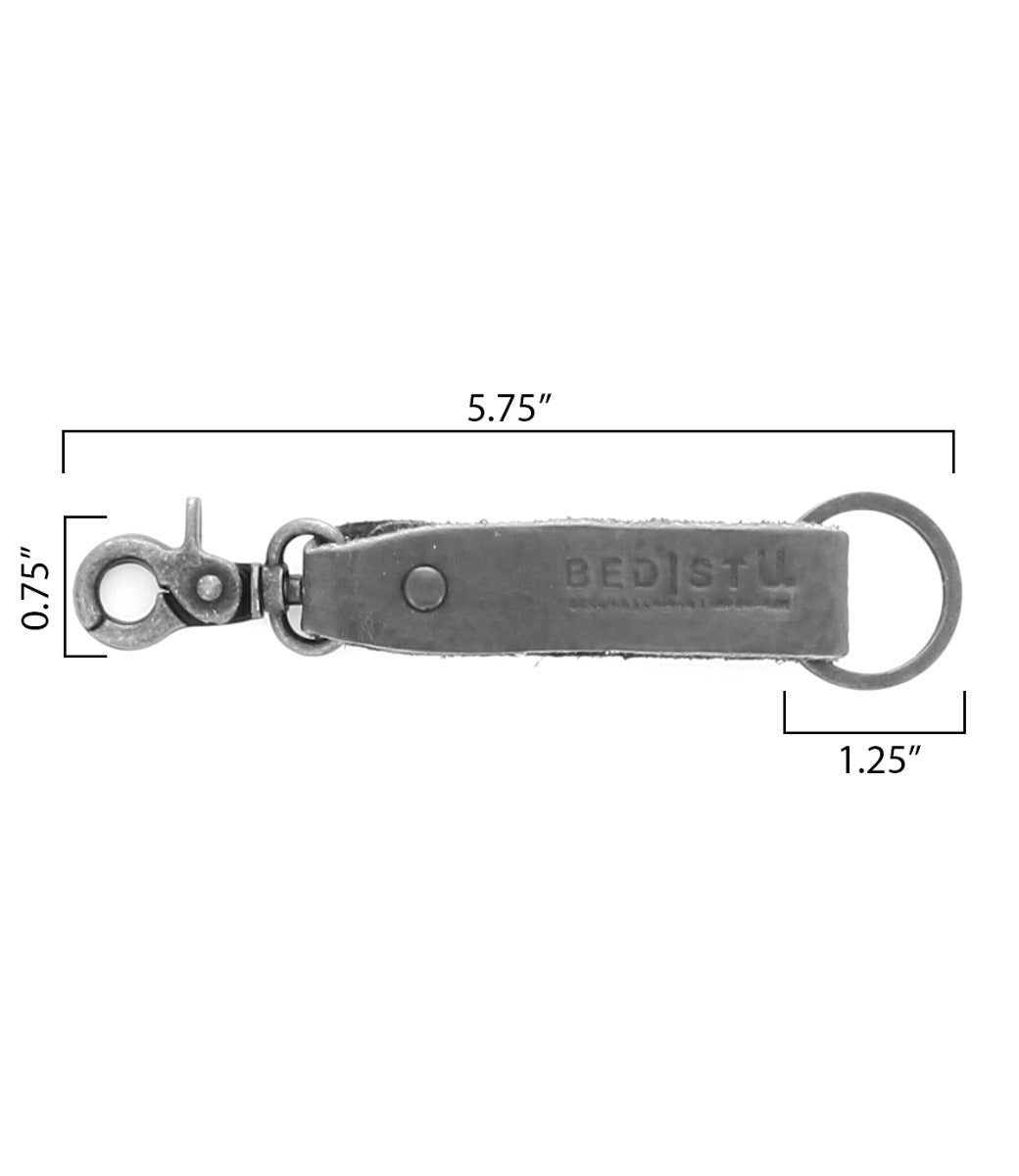 A picture of a Bed Stu Keygrab key ring with measurements.