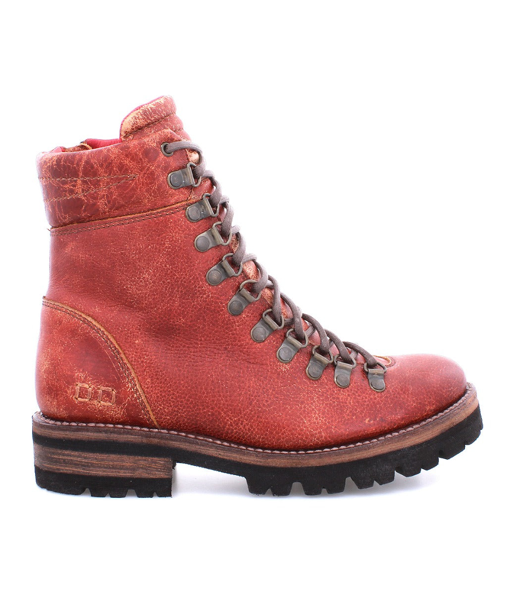 A Khya boot by Bed Stu, made of red leather with brown laces.