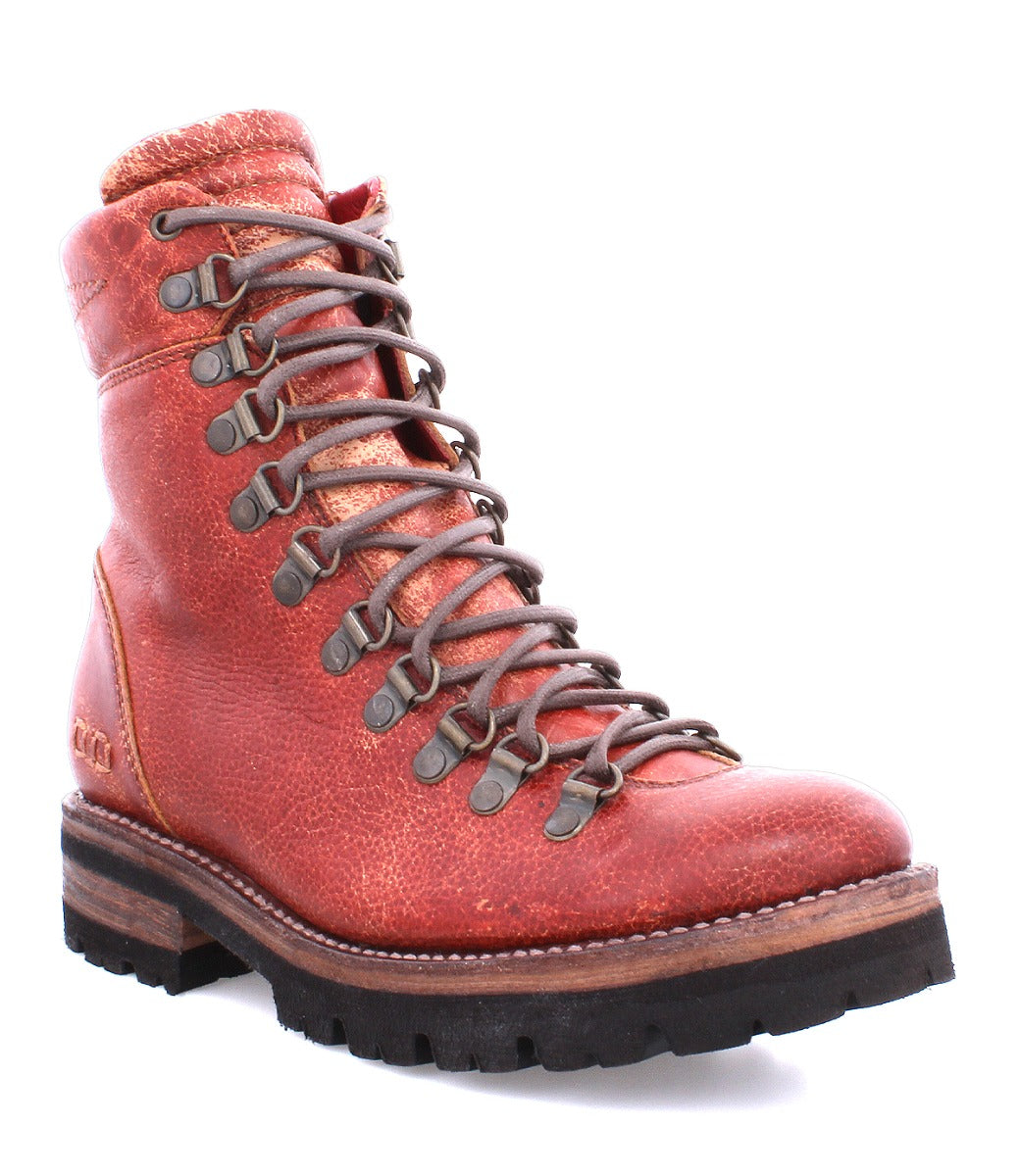 A Khya boot by Bed Stu, made of red leather with brown laces.