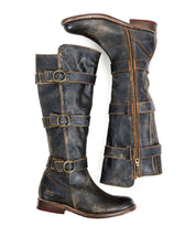 A pair of Kitty brown, knee-high leather boots by Bed Stu, featuring buckles and side zippers for an edgy sophistication and customizable fit, displayed side by side.