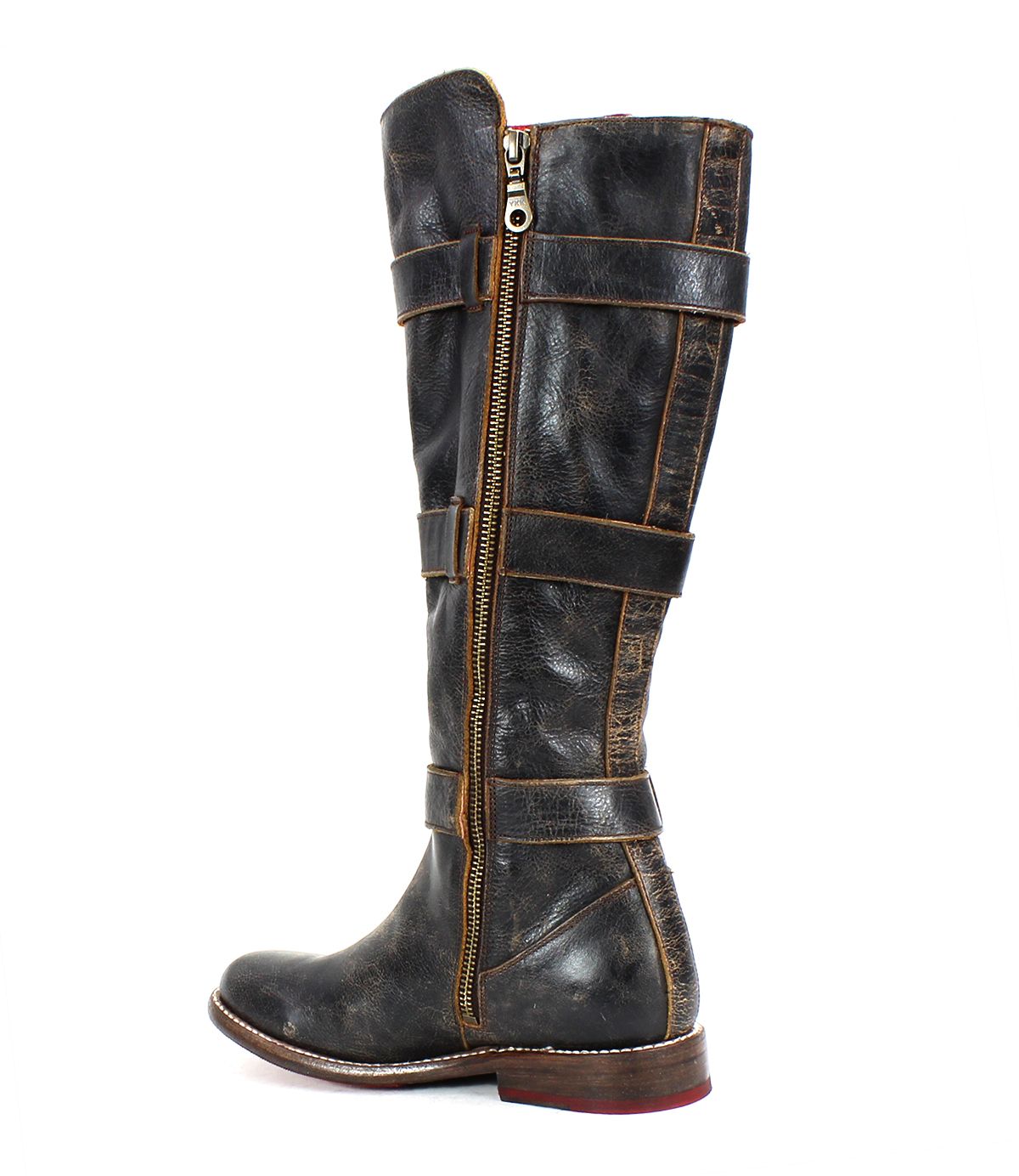 A single tall Kitty leather boot by Bed Stu, featuring adjustable straps, a side zipper, and a worn vintage look.