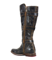 A single tall Kitty leather boot by Bed Stu, featuring adjustable straps, a side zipper, and a worn vintage look.