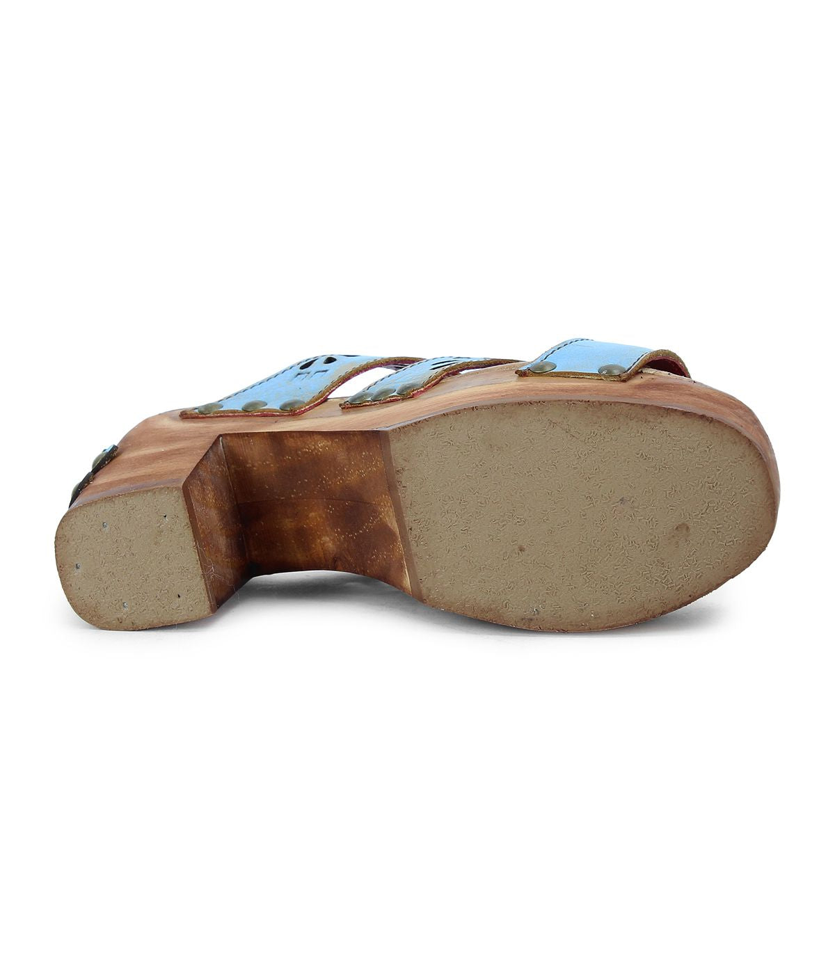 Bottom view of the Bed Stu Kreep sandal with a 70s-inspired design, featuring a blue upper, wooden platform heel, and light brown sole.