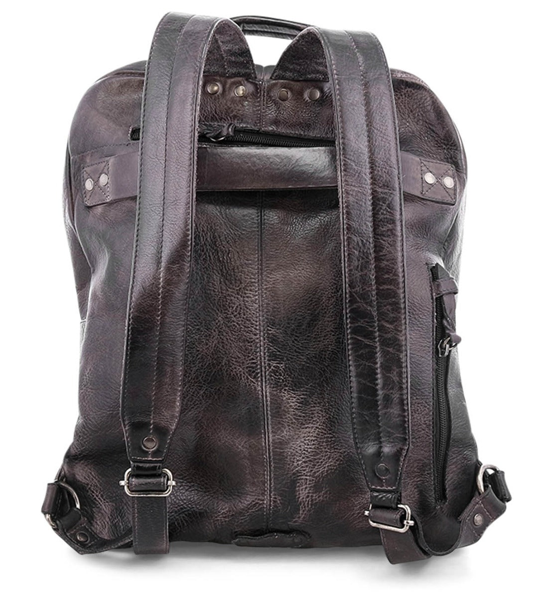A black leather Lafe backpack with straps and rivets, by Bed Stu.