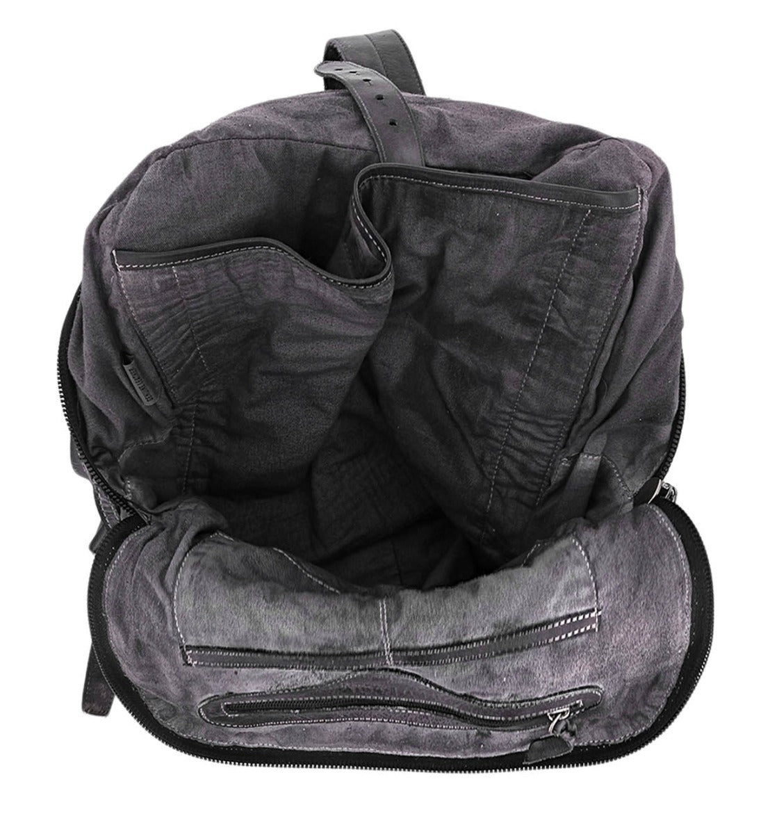 The inside of a Bed Stu black Lafe backpack with zippers.