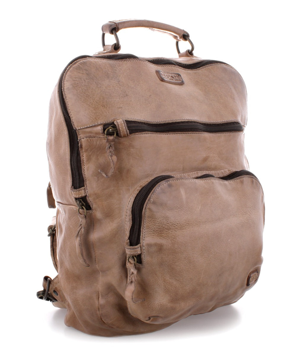 A beige leather Bed Stu Lafe backpack with zippers on the side.