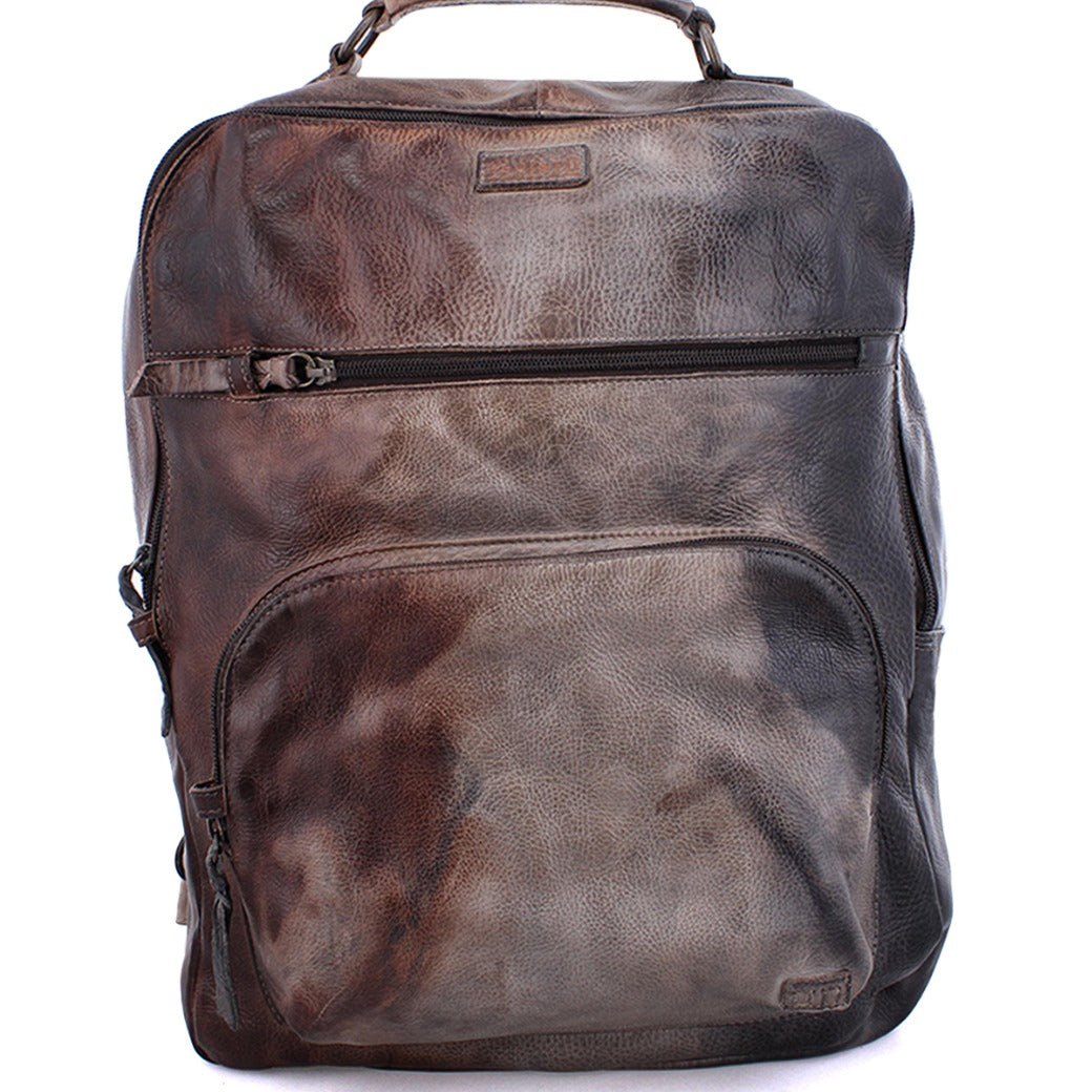 A Bed Stu Lafe brown leather backpack on a white background.