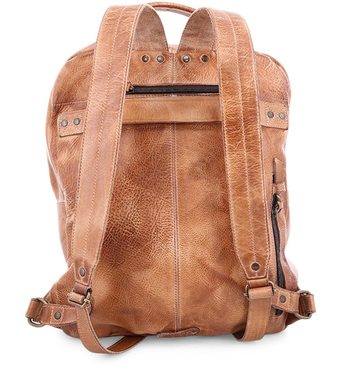 A Lafe by Bed Stu tan leather backpack with zippers and straps.