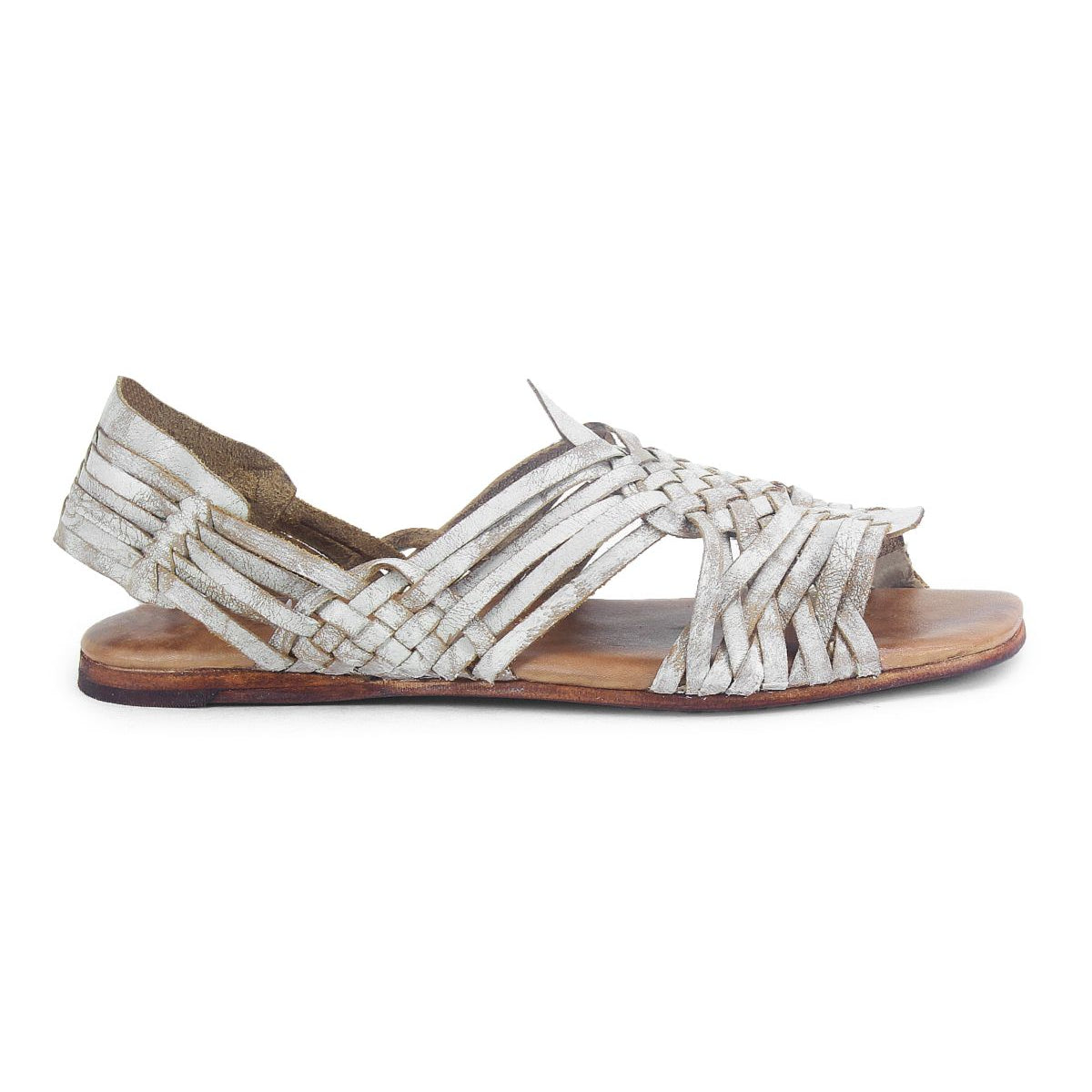 The Bed Stu Lauren II is a light-colored huarache sandal with an open square toe, a flat sole, hand-woven leather crisscrossing straps, and a back heel strap.