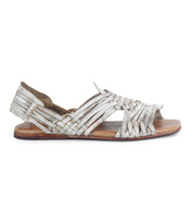 The Bed Stu Lauren II is a light-colored huarache sandal with an open square toe, a flat sole, hand-woven leather crisscrossing straps, and a back heel strap.