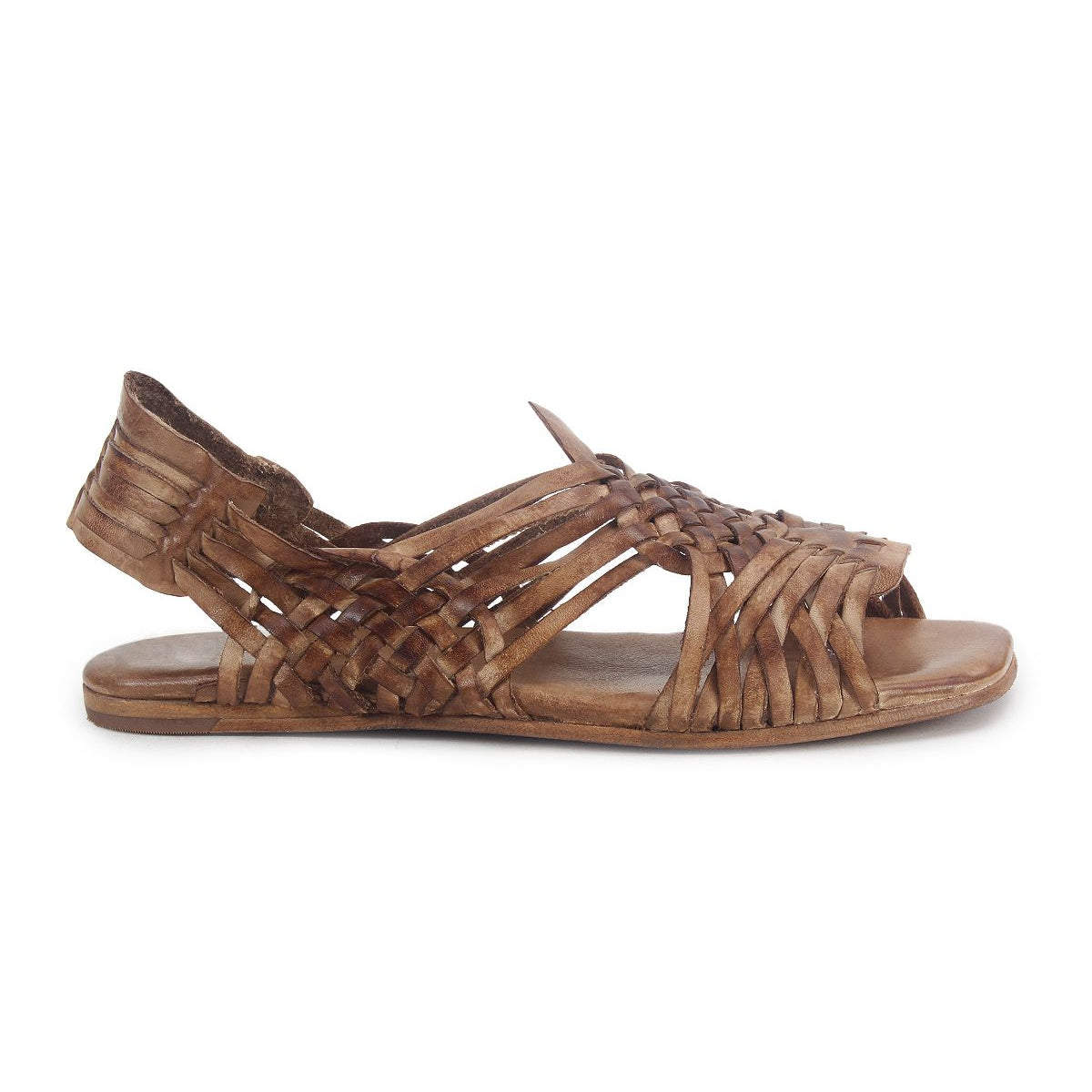 The Bed Stu Lauren II is a brown hand-woven leather sandal featuring a flat sole, open toe, intricate crisscross design, and slingback strap in classic huarache style.
