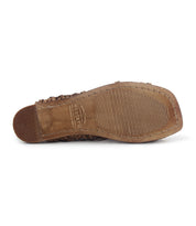 Bottom view of the Lauren II by Bed Stu, a brown hand-woven leather sandal with a textured rubber sole and visible stitching, in classic huarache style.