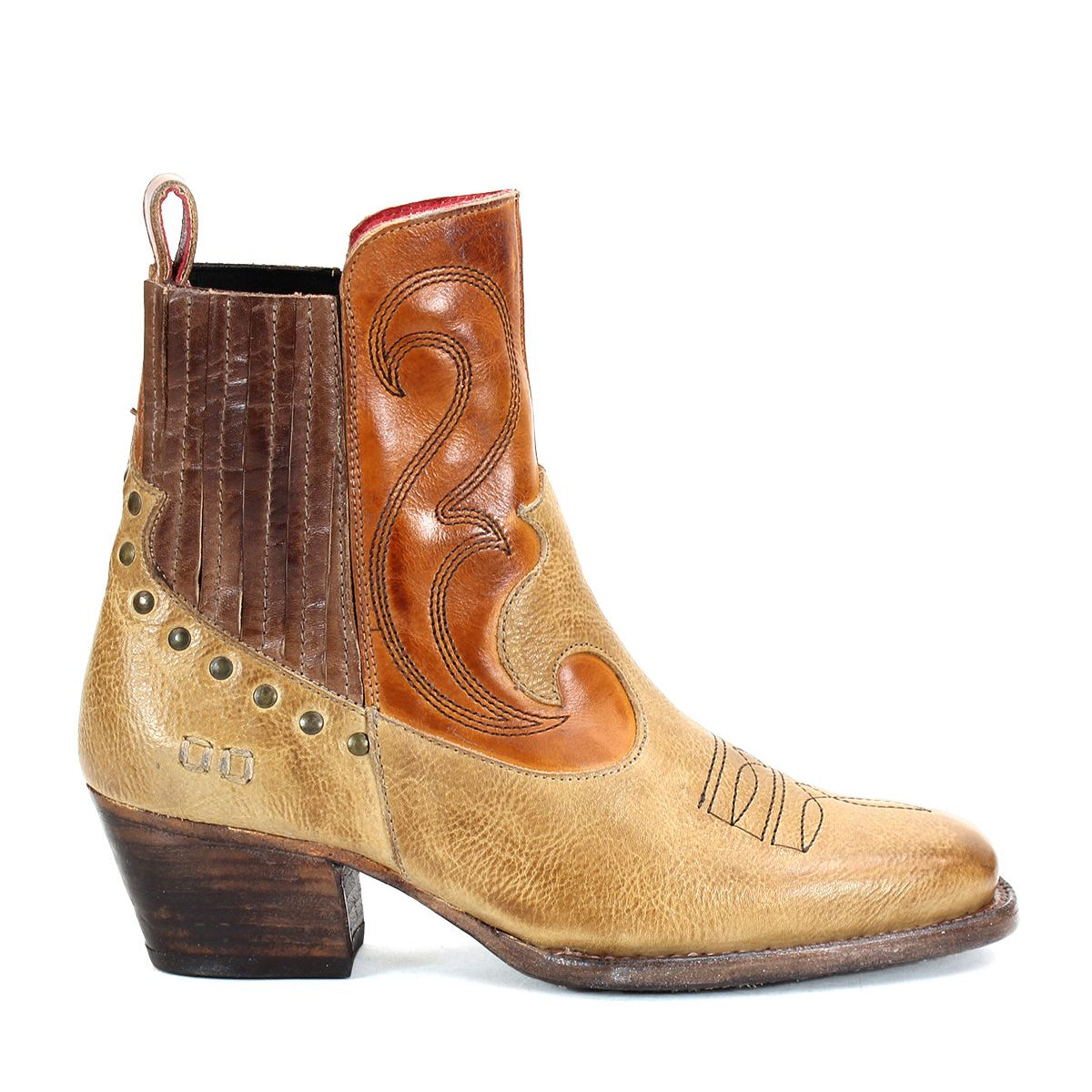 The Bed Stu League is a single brown and tan leather cowboy boot with rugged charm, featuring playful stitching details, metal studs, and a low heel, shown in a side profile view.