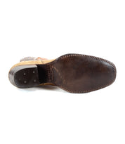 Bottom view of the League leather short boot sole from Bed Stu, showcasing visible stitching and wear marks.