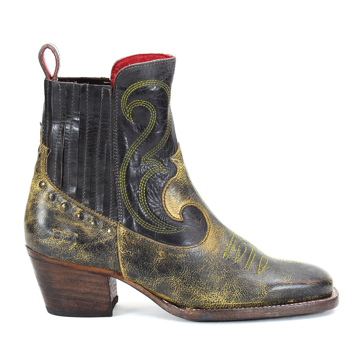 The League boot by Bed Stu is a single black and yellow leather Western boot featuring intricate embroidery, a low heel, and convenient pull tabs.