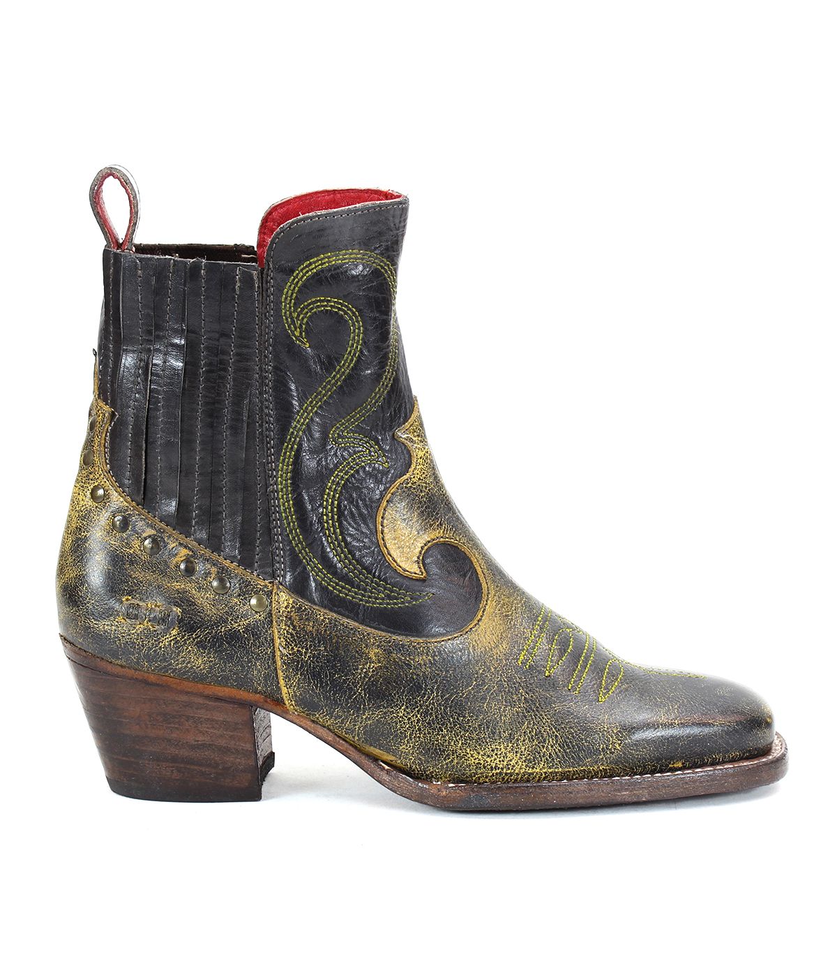 The League boot by Bed Stu is a single black and yellow leather Western boot featuring intricate embroidery, a low heel, and convenient pull tabs.