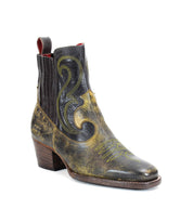 The League boot by Bed Stu is a single stylish leather cowboy boot featuring intricate, playful yellow stitching, a short stacked heel, and an elastic side panel that exudes Western rugged charm.