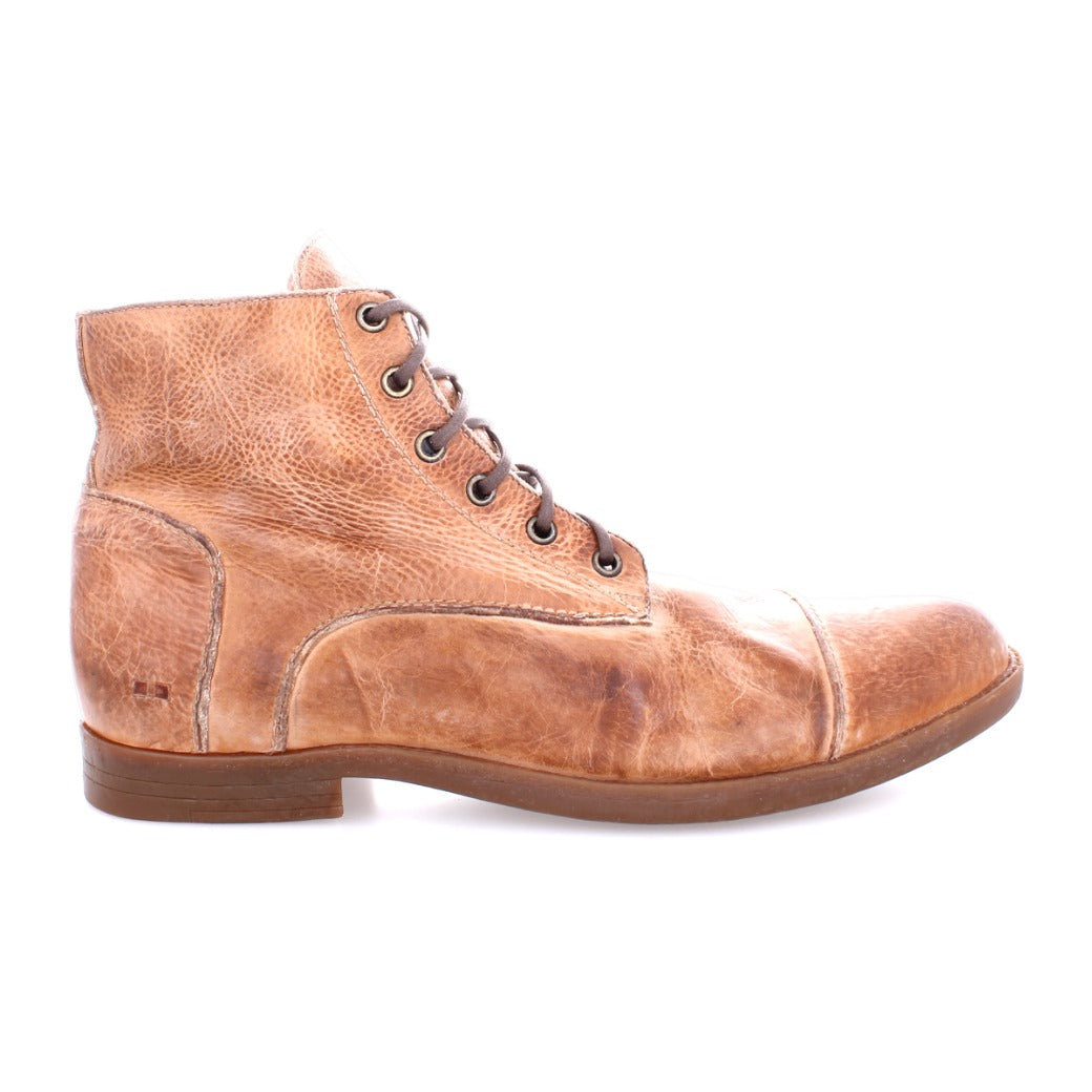 A pair of Bed Stu Leonardo brown leather boots on a white background.