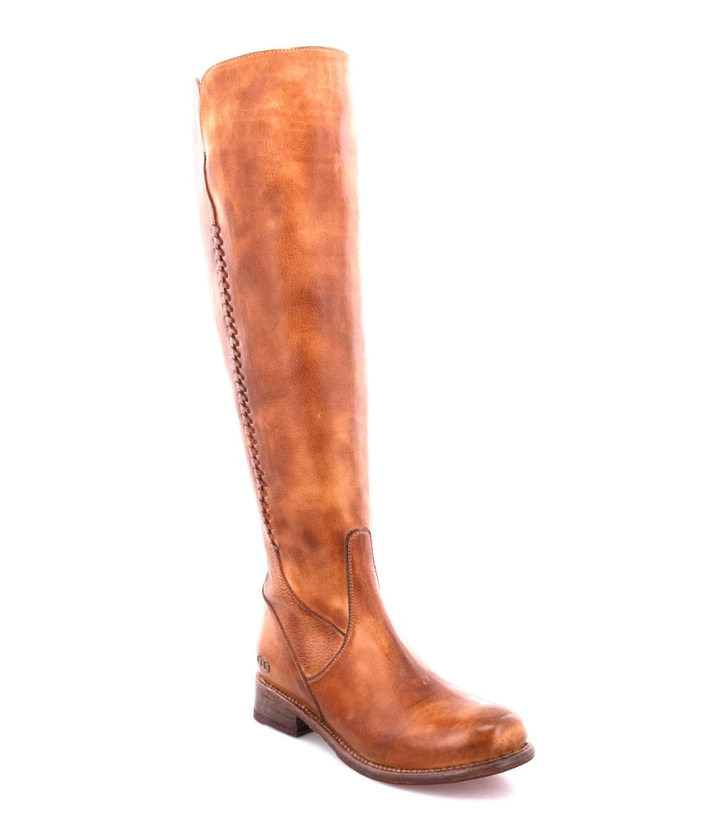 A women's Letizia tan leather boot with a zipper on the side, made by Bed Stu.