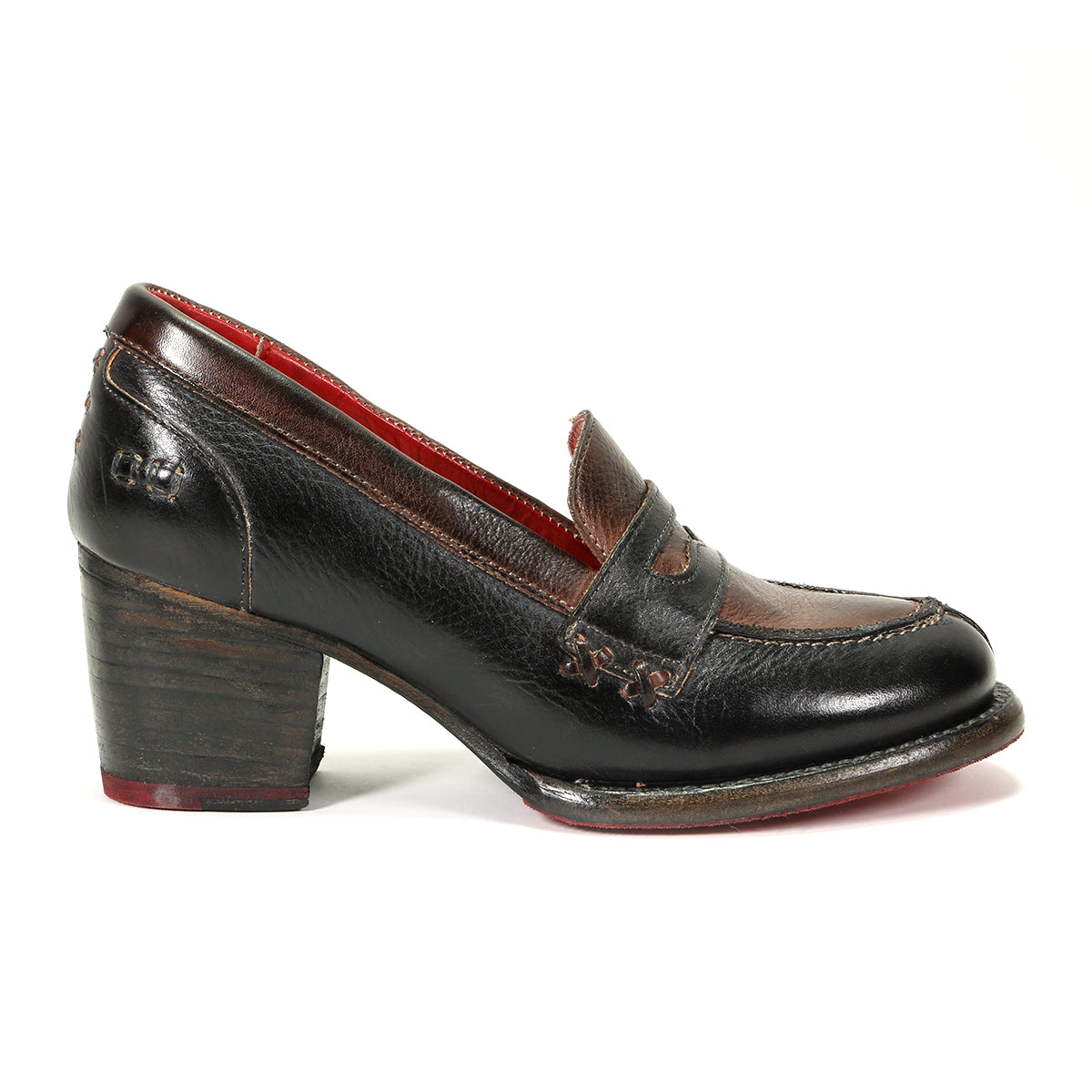 Elevate your office shoe game with this sophisticated Liberty by Bed Stu women's black and red loafer featuring a stylish wooden heel.