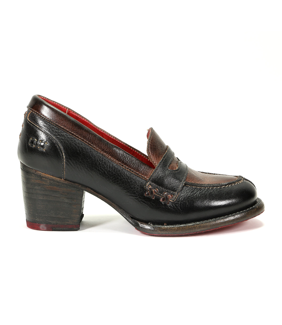 Elevate your office shoe game with this sophisticated Liberty by Bed Stu women's black and red loafer featuring a stylish wooden heel.
