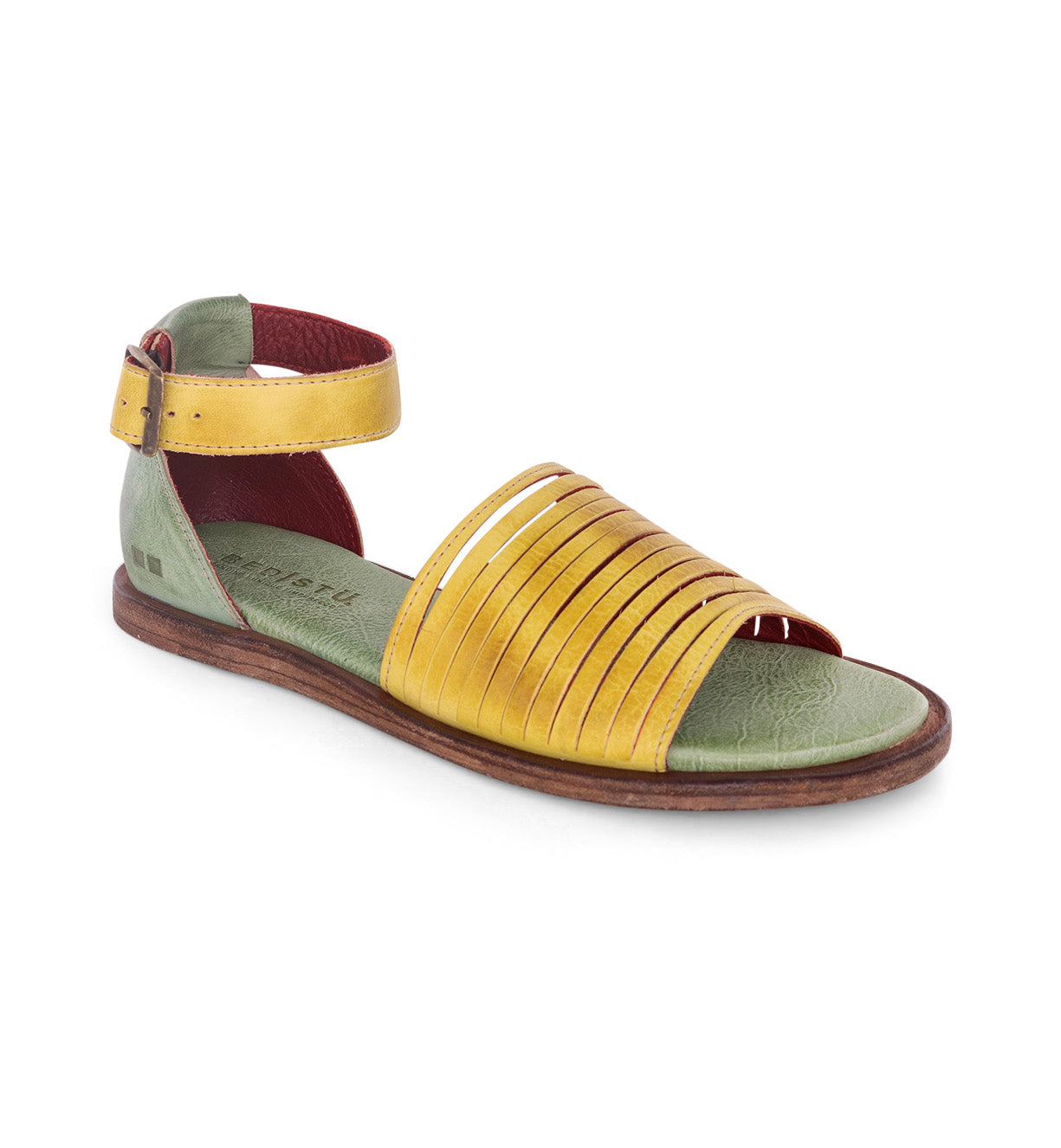 A women's yellow Lilia sandal with straps and a wooden sole by Bed Stu.