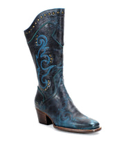 A single black mid-calf Western boot called "Limit" by Bed Stu, featuring blue embroidery, decorative studs near the top, and a medium-height heel.