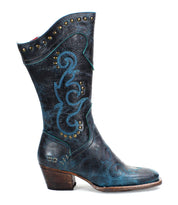 A single black leather Western mid-calf boot from Bed Stu called "Limit," featuring intricate blue floral stitching, brass studs, and a wooden heel, displayed on a white background.