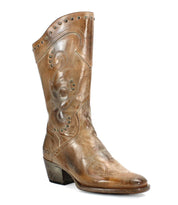 A single brown leather Western mid-calf boot from Bed Stu's Limit line, featuring decorative floral stitching and small metal rivets, standing upright.