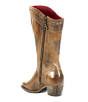 A single brown leather Western boot from Bed Stu's Limit collection, adorned with brass studs and a side zipper, featuring a low heel and a slightly worn appearance.