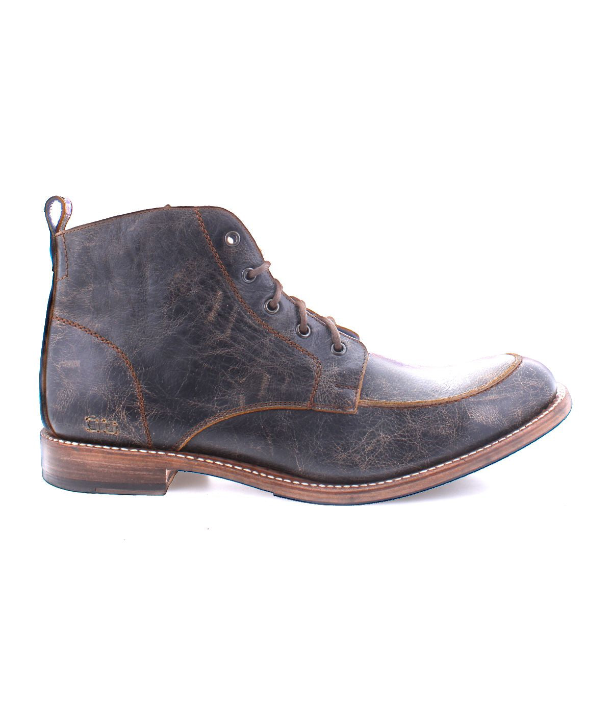 A side view of the rugged Lincoln II boot from Bed Stu reveals a dark brown leather ankle design with a textured finish, wooden sole, and classic lace-up style.