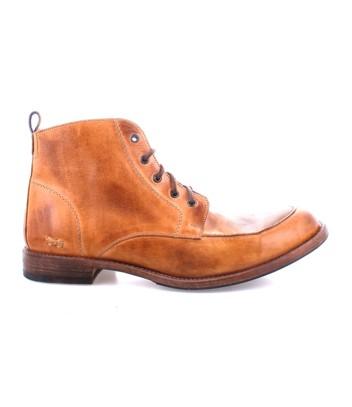 Introducing the Lincoln II by Bed Stu—a brown leather ankle boot featuring a slight heel and dark brown laces in a classic lace-up design. Viewed from the side on a white background, this boot seamlessly blends functionality with an elegant, dressed-up appearance.