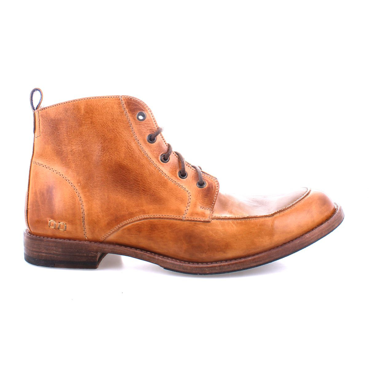 Introducing the Lincoln II by Bed Stu—a brown leather ankle boot featuring a slight heel and dark brown laces in a classic lace-up design. Viewed from the side on a white background, this boot seamlessly blends functionality with an elegant, dressed-up appearance.