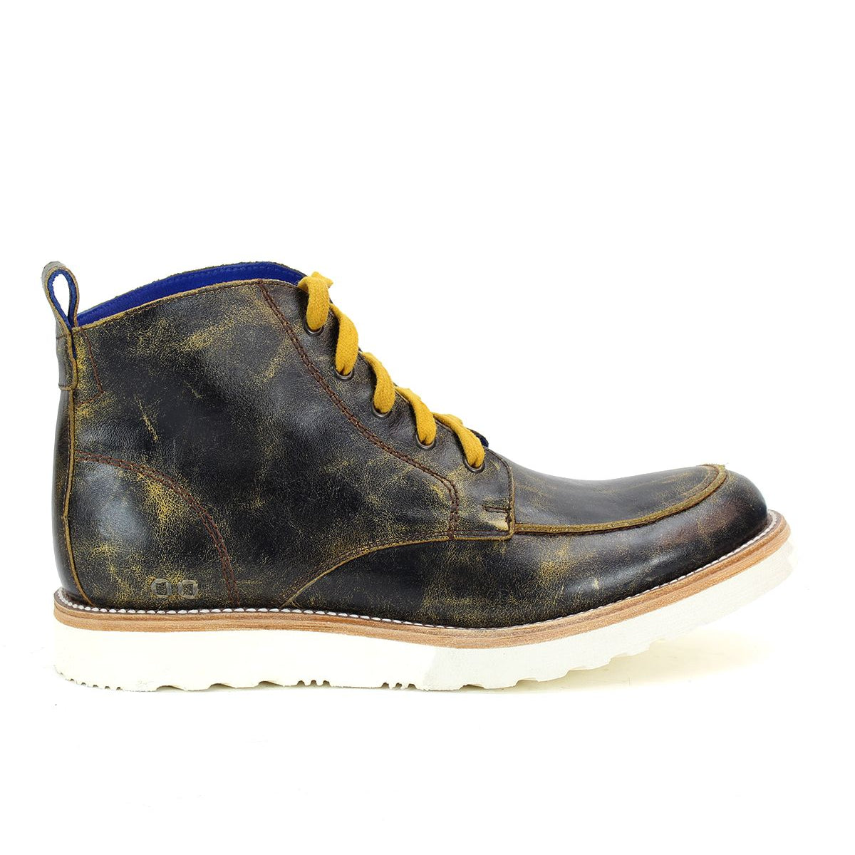 Introducing the Lincoln by Bed Stu: a classic men's leather boot in dark brown that features yellow laces, a white sole with a slight tread for grip, and a blue pull tab at the back—perfect for casual male attire.