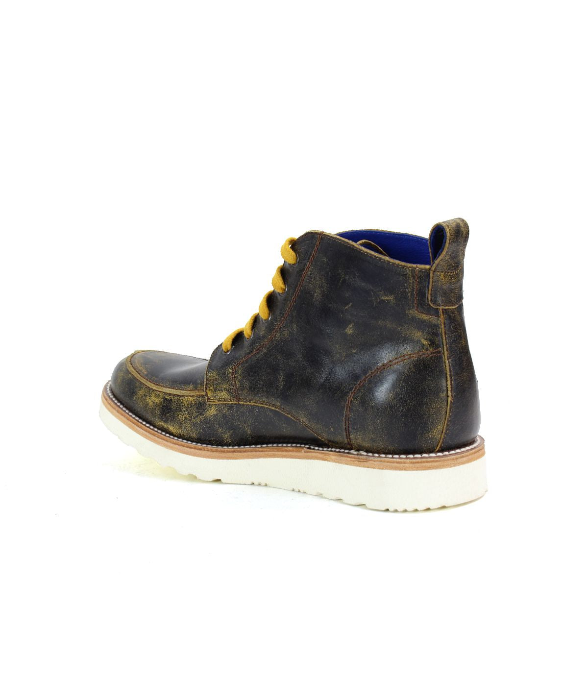 The Lincoln by Bed Stu is a dark brown leather ankle boot featuring yellow laces and a white sole, viewed from the back-left angle, perfect for the casual male seeking a classic work boot style.