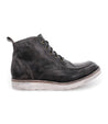 A men's black leather boot with laces and a white sole, the Lincoln by Bed Stu.